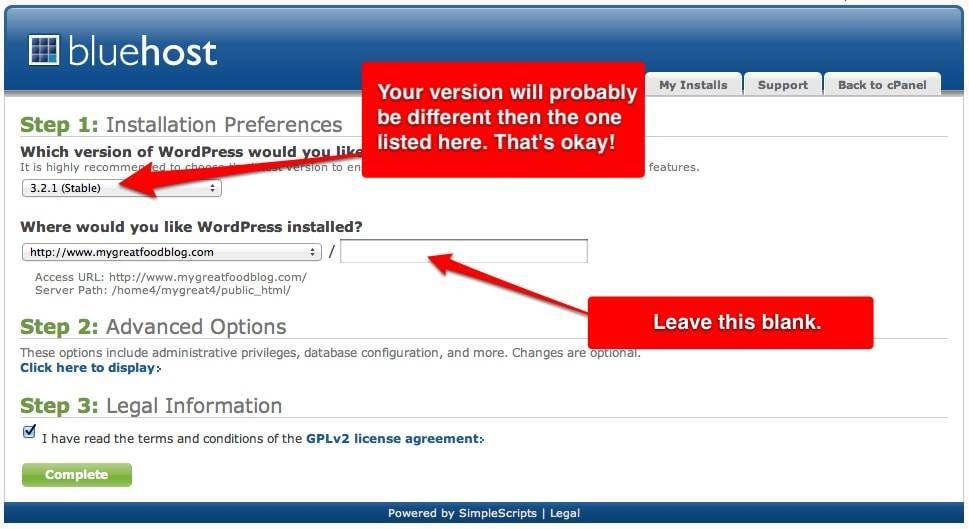 Bluehost Installation Preferences