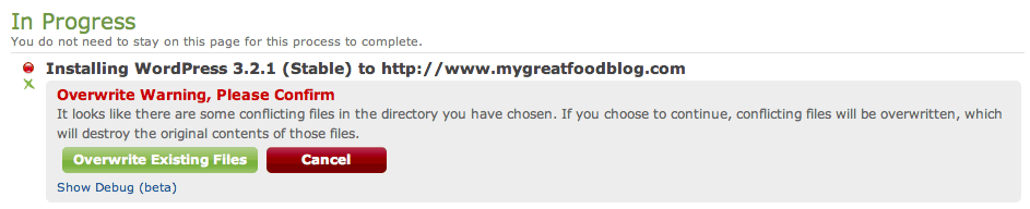 Bluehost Overwrite Warning