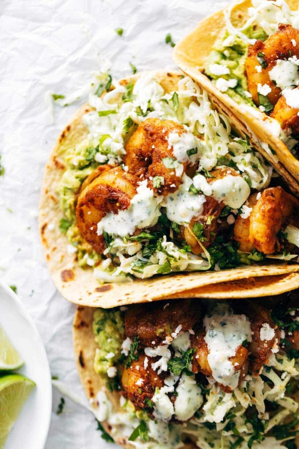 Spicy Shrimp Tacos With Garlic Cilantro Lime Slaw Recipe Pinch Of Yum