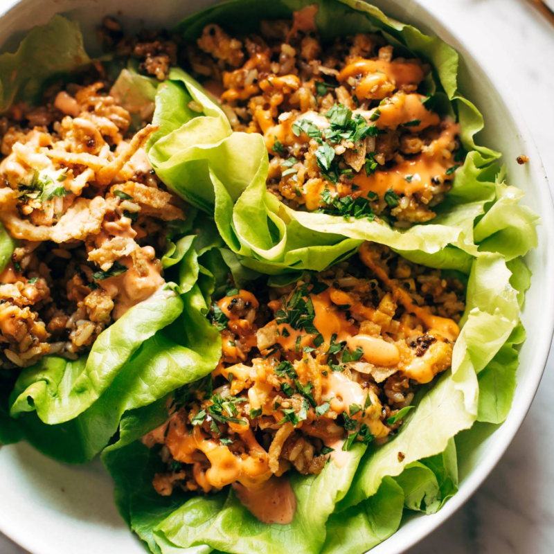 Tofu And Brown Rice Lettuce Wraps With Peanut Sauce Recipe Pinch Of Yum