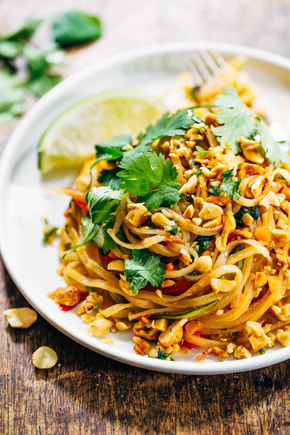 Rainbow Vegetarian Pad Thai with Peanuts and Basil - Pinch of Yum