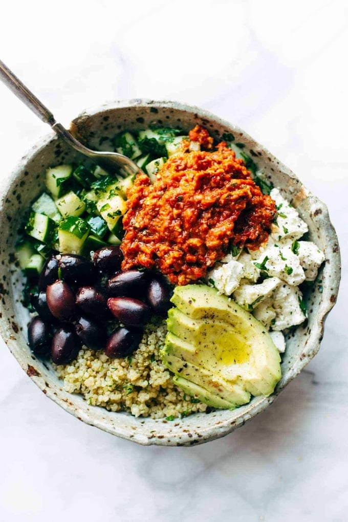 Mediterranean Quinoa Bowls with Roasted Red Pepper Sauce