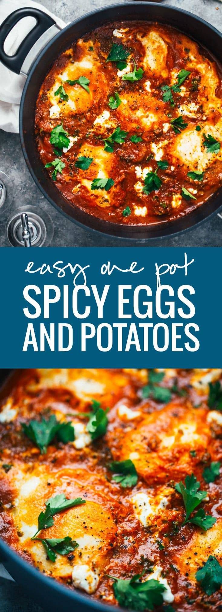 One Pot Spicy Eggs and Potatoes with Goat Cheese - a simple homemade sauce with spicy pan-fried potatoes, kale, creamy eggs, and goat cheese. DANG that's good! 350 calories.