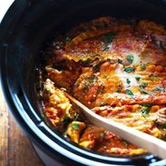 Super Easy Skinny Veggie Crockpot Lasagna - a handful of simple ingredients for a healthy family dinner. | https://pinchofyum.com