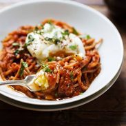 Spaghetti Marinara with Poached Eggs - this is my new thing. SO good! | pinchofyum.com