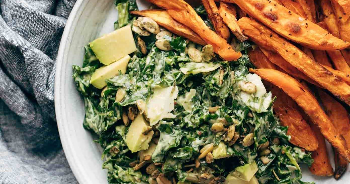 Avocado Kale Caesar Salad + Sweet Potato Fries - caesar salad recipe