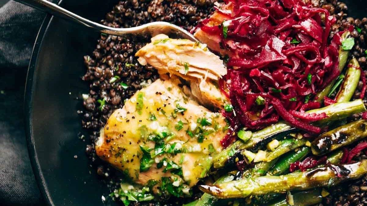 Perfect Baked Salmon with Lentils and Lemon Herb Sauce