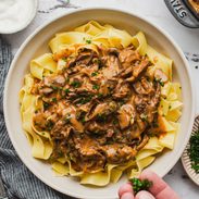 Beef stroganoff in a bowl.