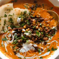 Carrot Soup with Spiced Ground Beef and Pine Nuts