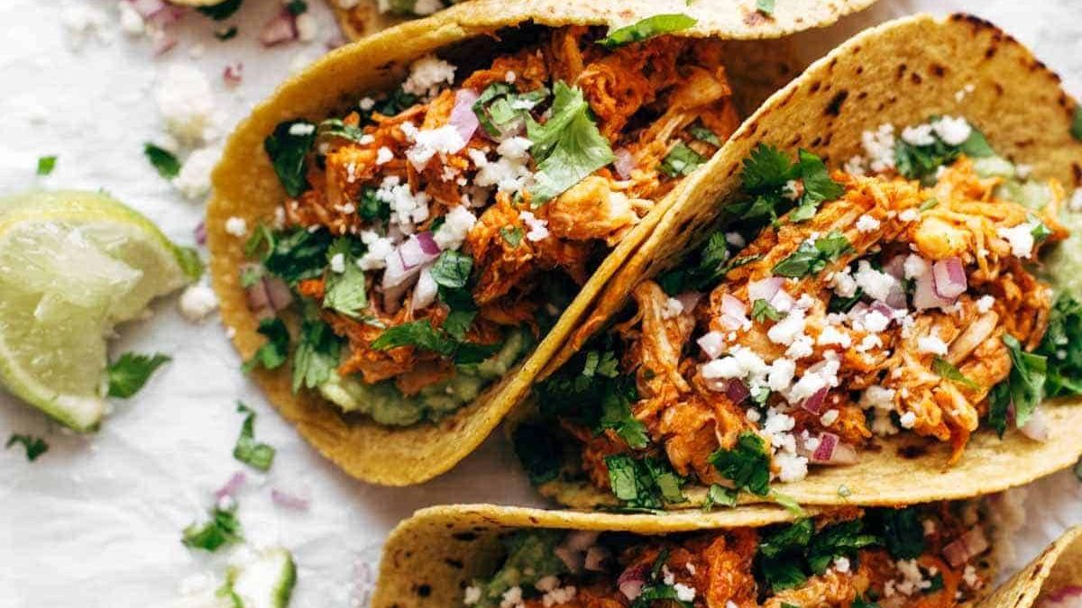 Chicken Tinga Tacos in a row.