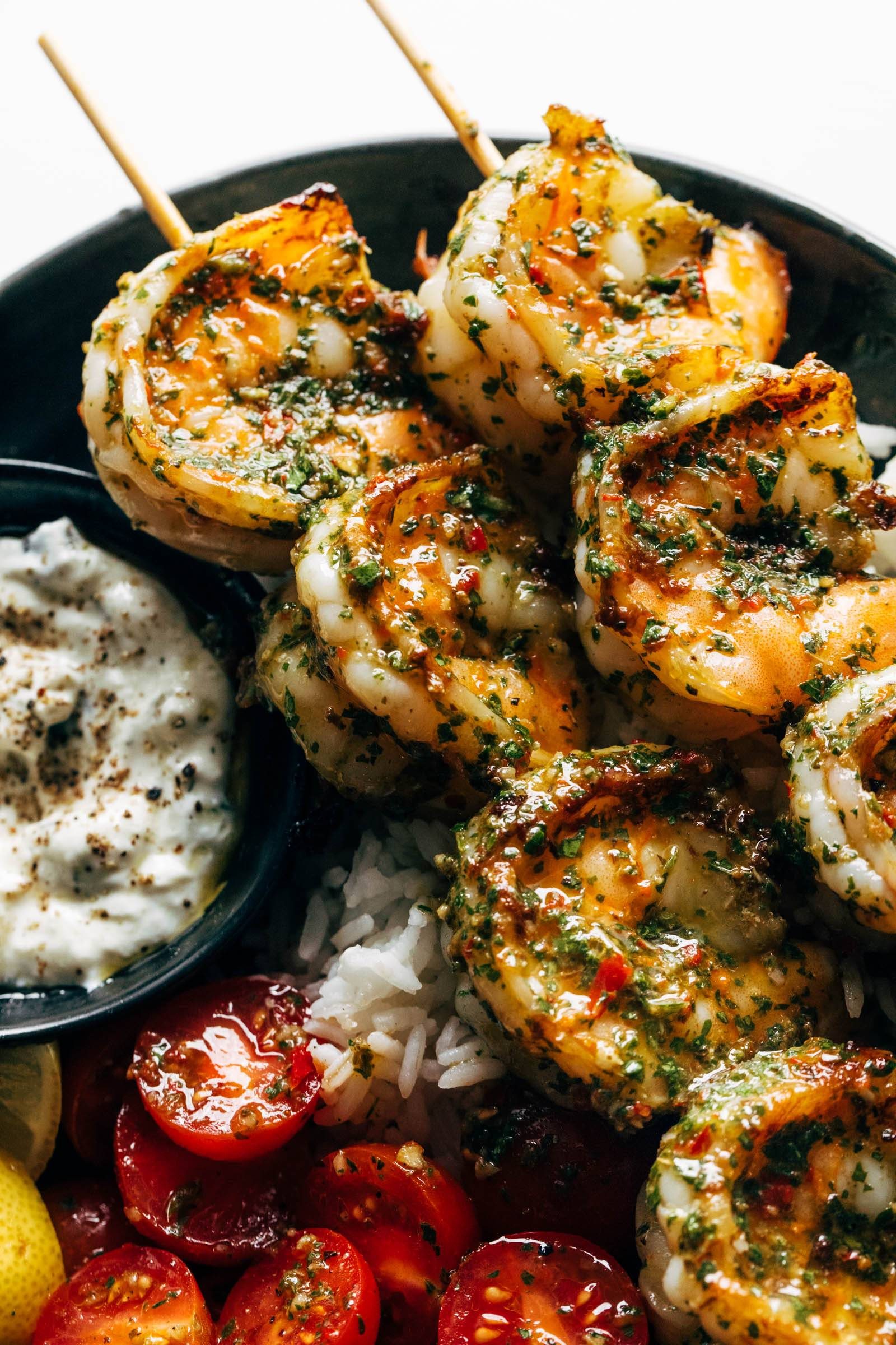 Chimichurri Shrimp with Rice and Tzatziki
