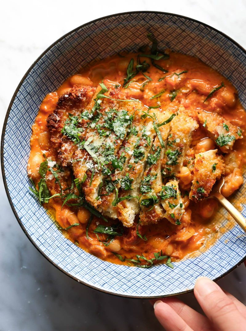 Garlic Butter Crispy Chicken on Creamy Beans