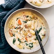 Chicken gnocchi soup in a bowl.