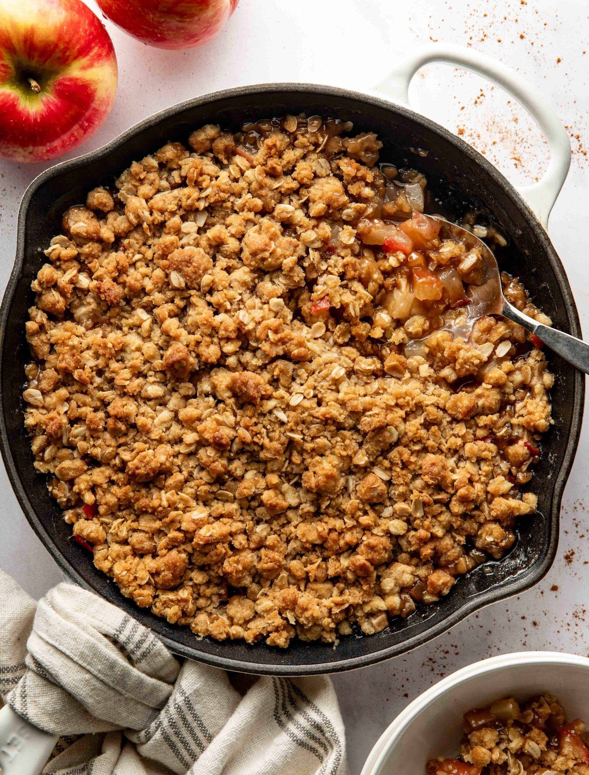 Apple crisp in a cast iron skillet.