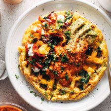 Egg Waffles with Romesco and Goat Cheese