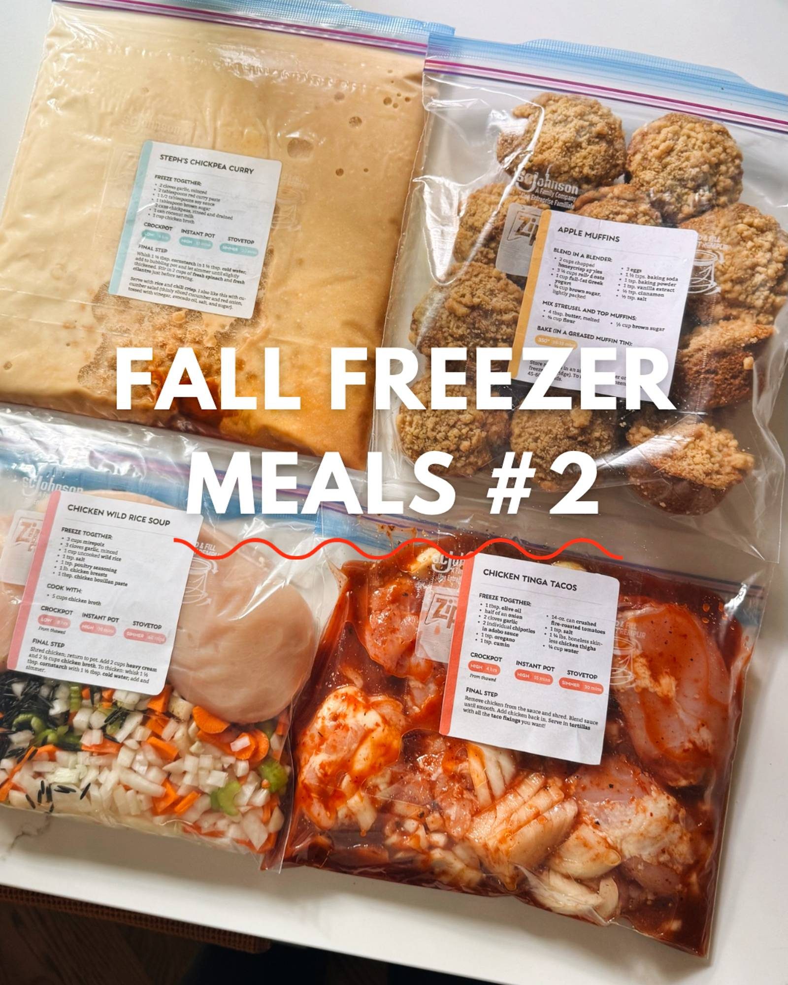 Fall Freezer Meal bags laid out on the counter