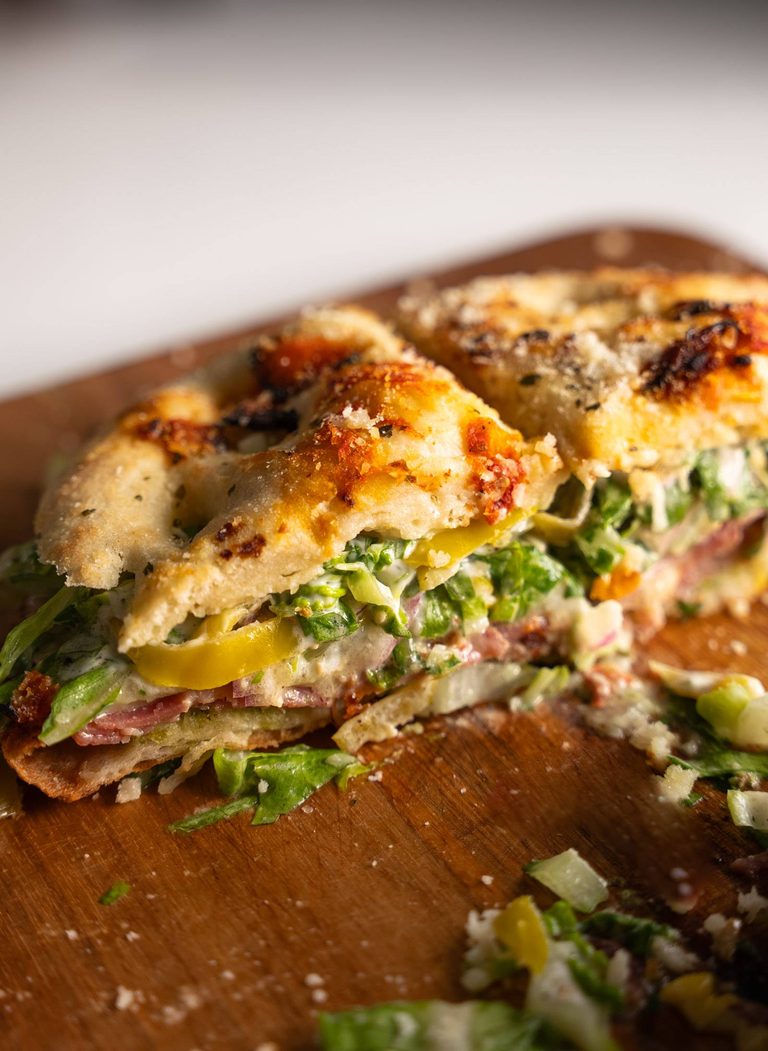 Grinder sandwich on focaccia bread.