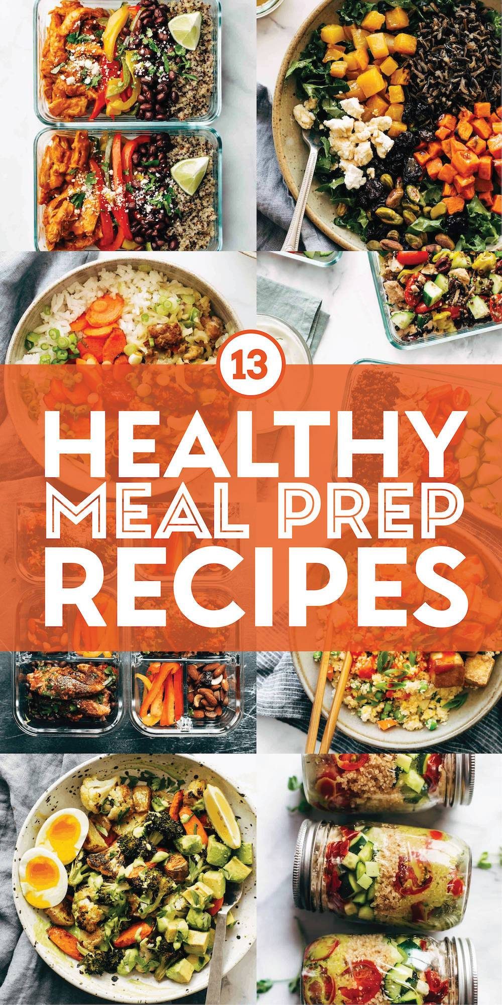 Healthy meal prep recipes in a collage.