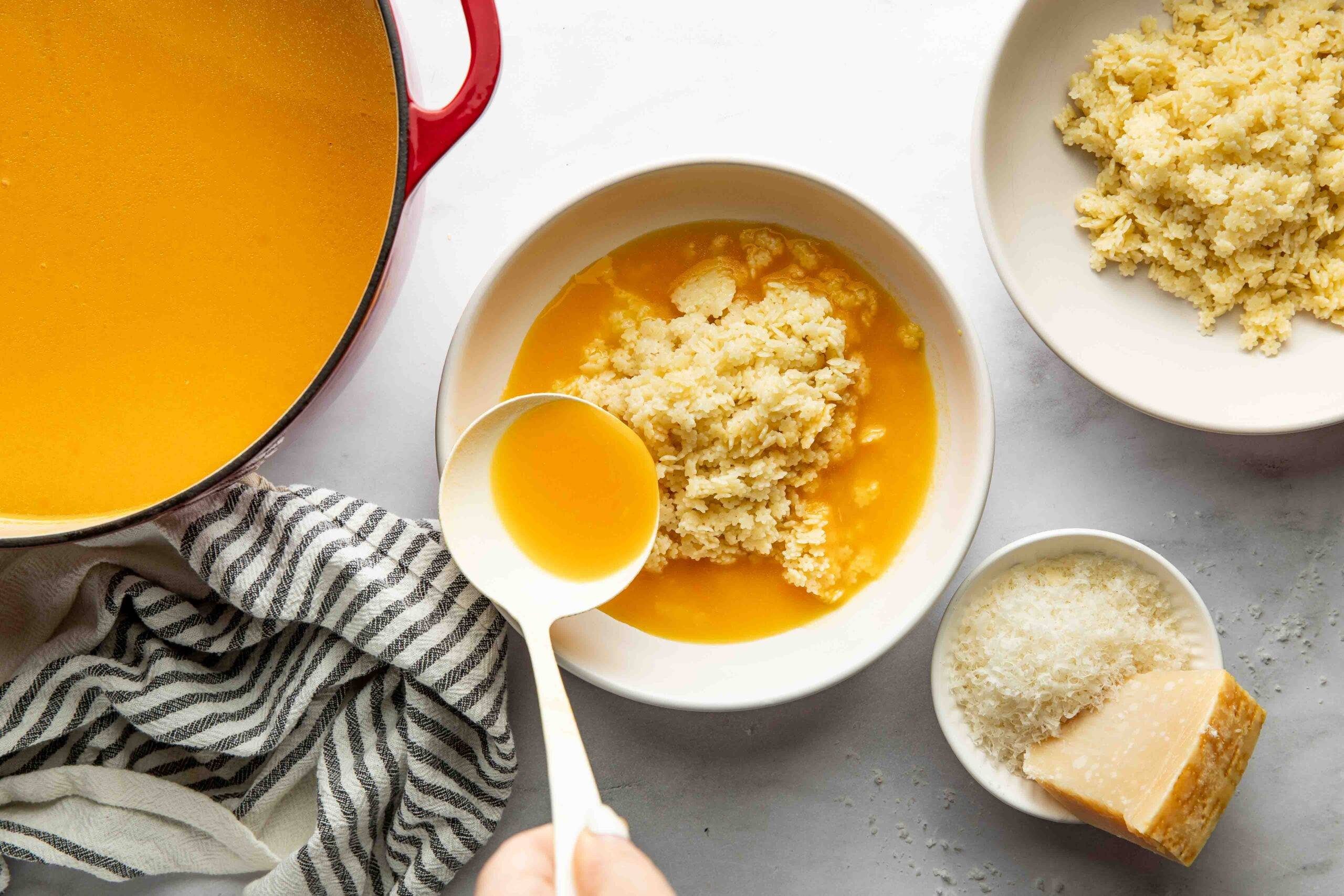Ladling the broth over the pastina