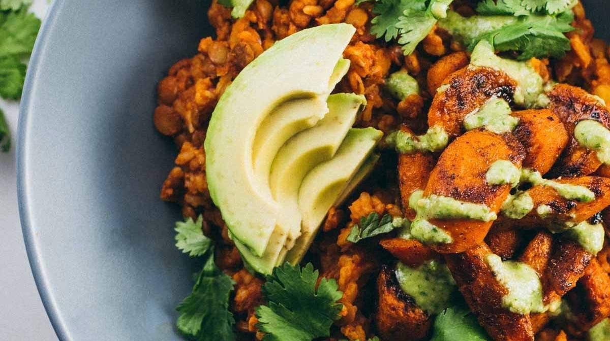 Rice and Lentil Curry Bowls with Cilantro Cashew Sauce