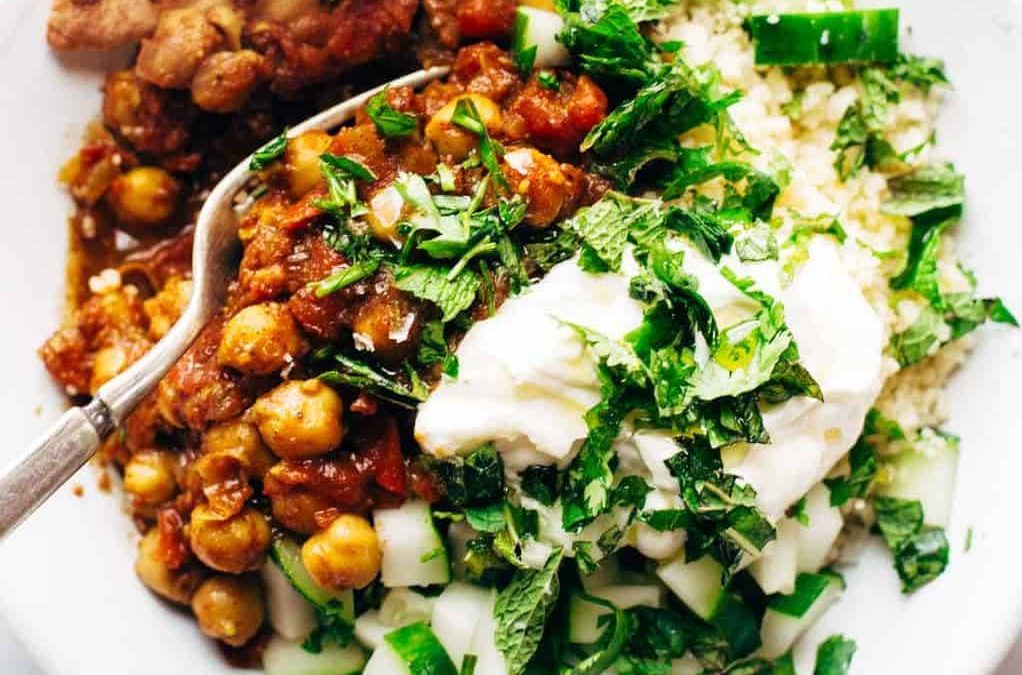 Moroccan Chickpeas in a bowl with couscous.