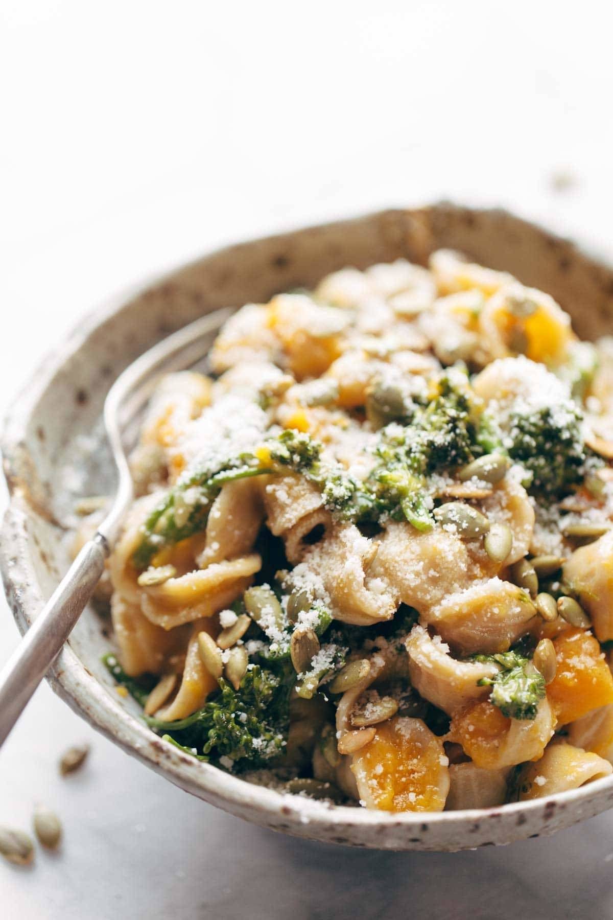 Creamy Parmesan Orecchiette in a bowl with a fork