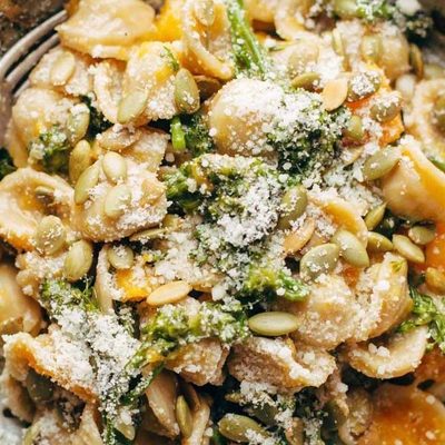 Creamy Parmesan Orecchiette in a bowl with fork.