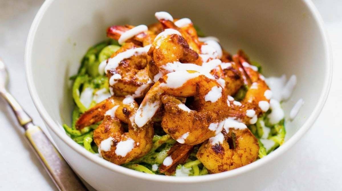 15 Minute Spicy Shrimp with Pesto Noodles