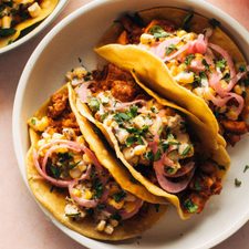 Red Chile Chicken Tacos with Creamy Corn
