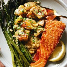 Spring Salmon with Creamed Leeks, Potatoes, and Asparagus