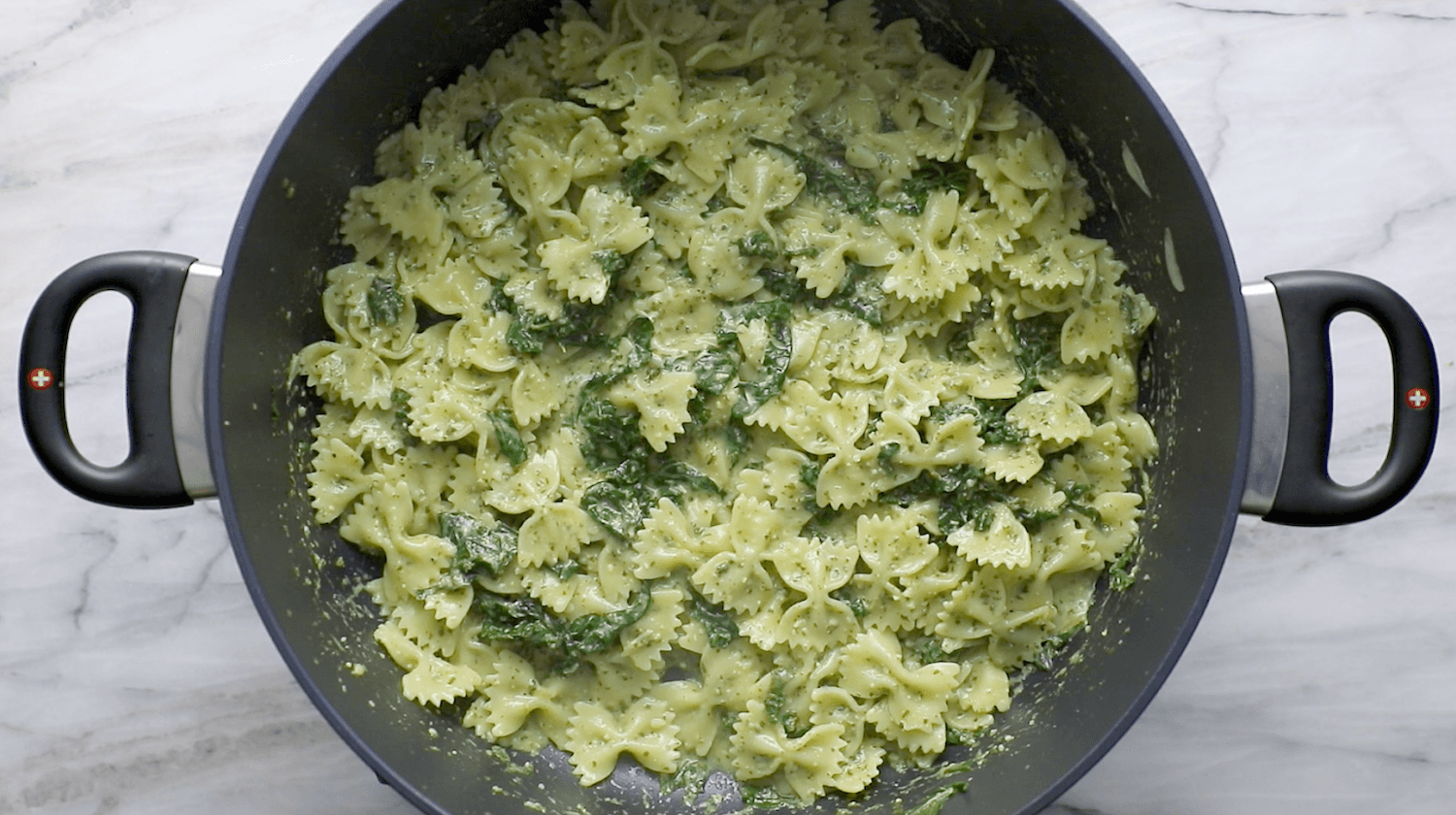 Creamy kale pasta in a pot.
