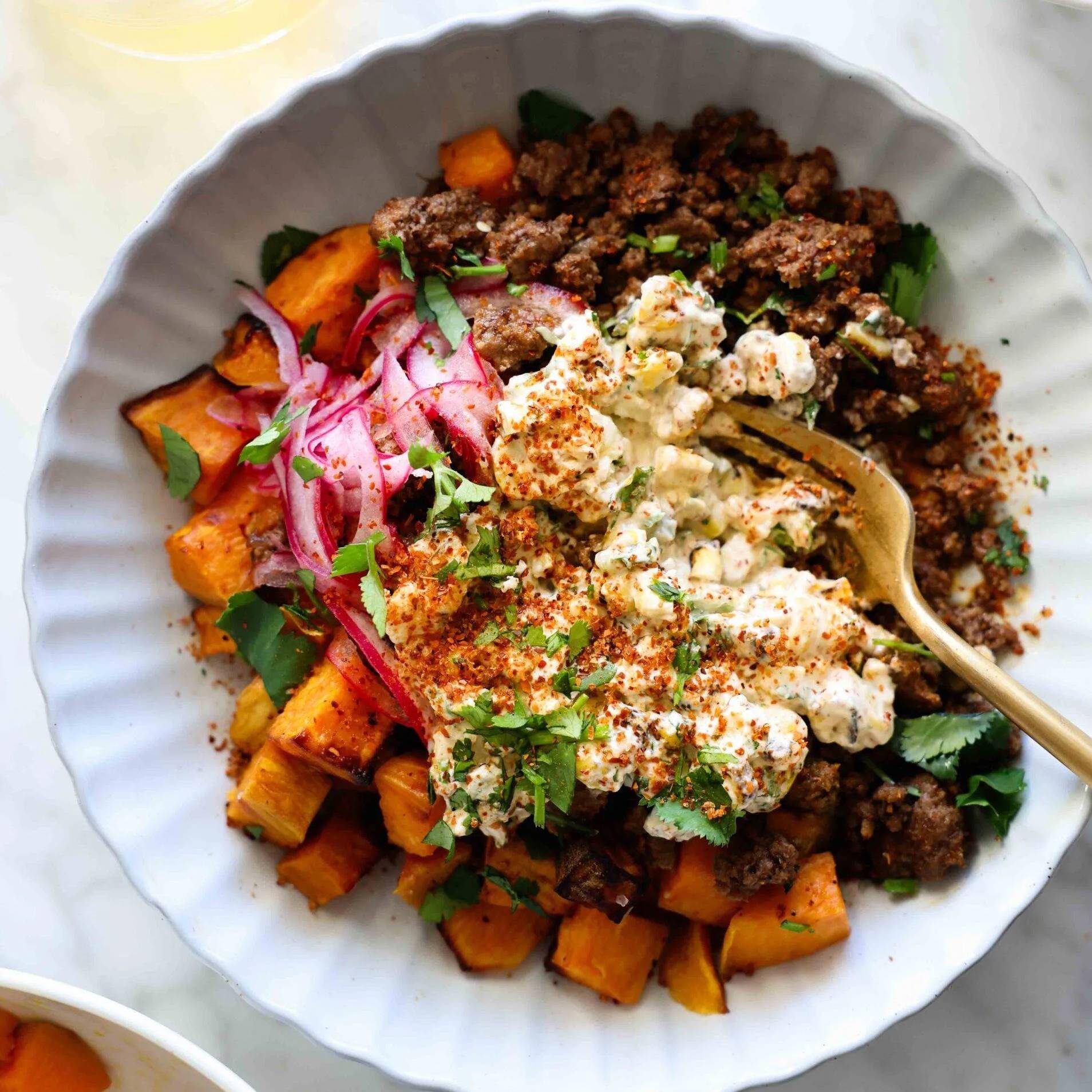 Street Corn Beef and Sweet Potato Bowls