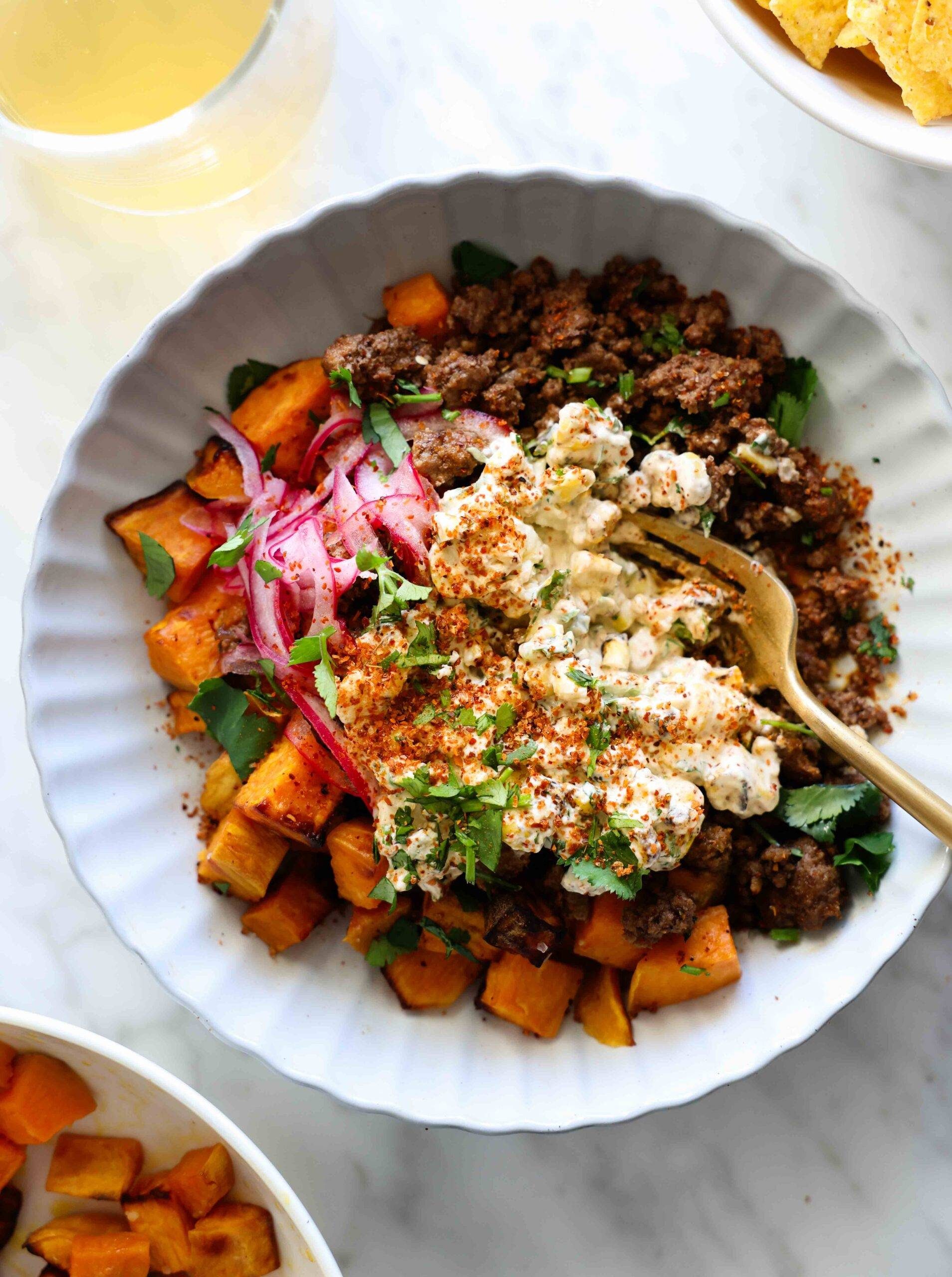 Street Corn Beef and Sweet Potato Bowls