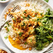 Yellow Curry Meatballs with Peanut Shallot Crispies