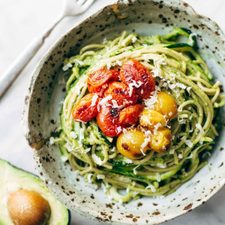 Burst Tomato and Zucchini Spaghetti with Avocado Sauce