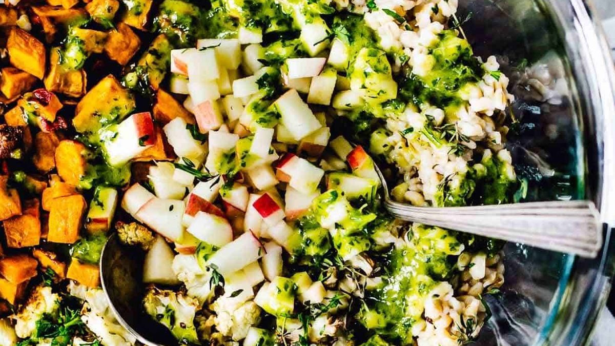 Autumn Glow Salad with Lemon Dressing in a bowl.