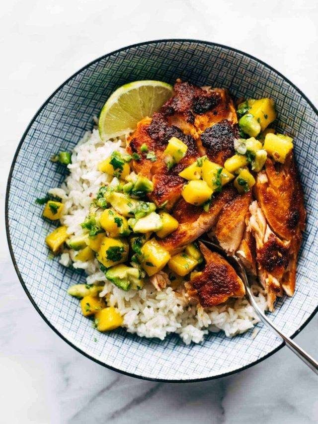 BBQ Salmon Bowls with Mango Avocado Salsa