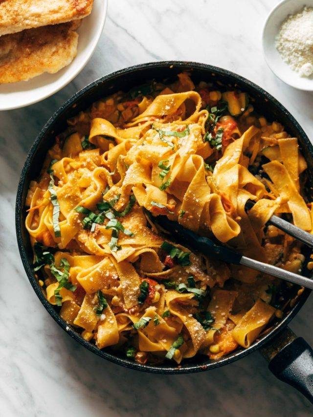 Burst Tomato Pappardelle with Zucchini, Sweet Corn