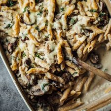 Mushroom Alfredo Penne Bake