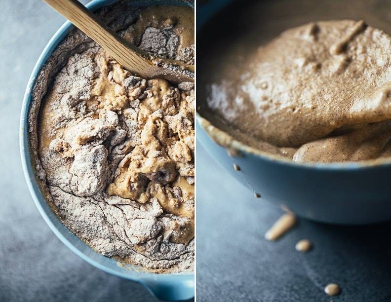 Pancake batter in a blue mixing bowl.