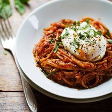 Spaghetti Marinara with Poached Eggs