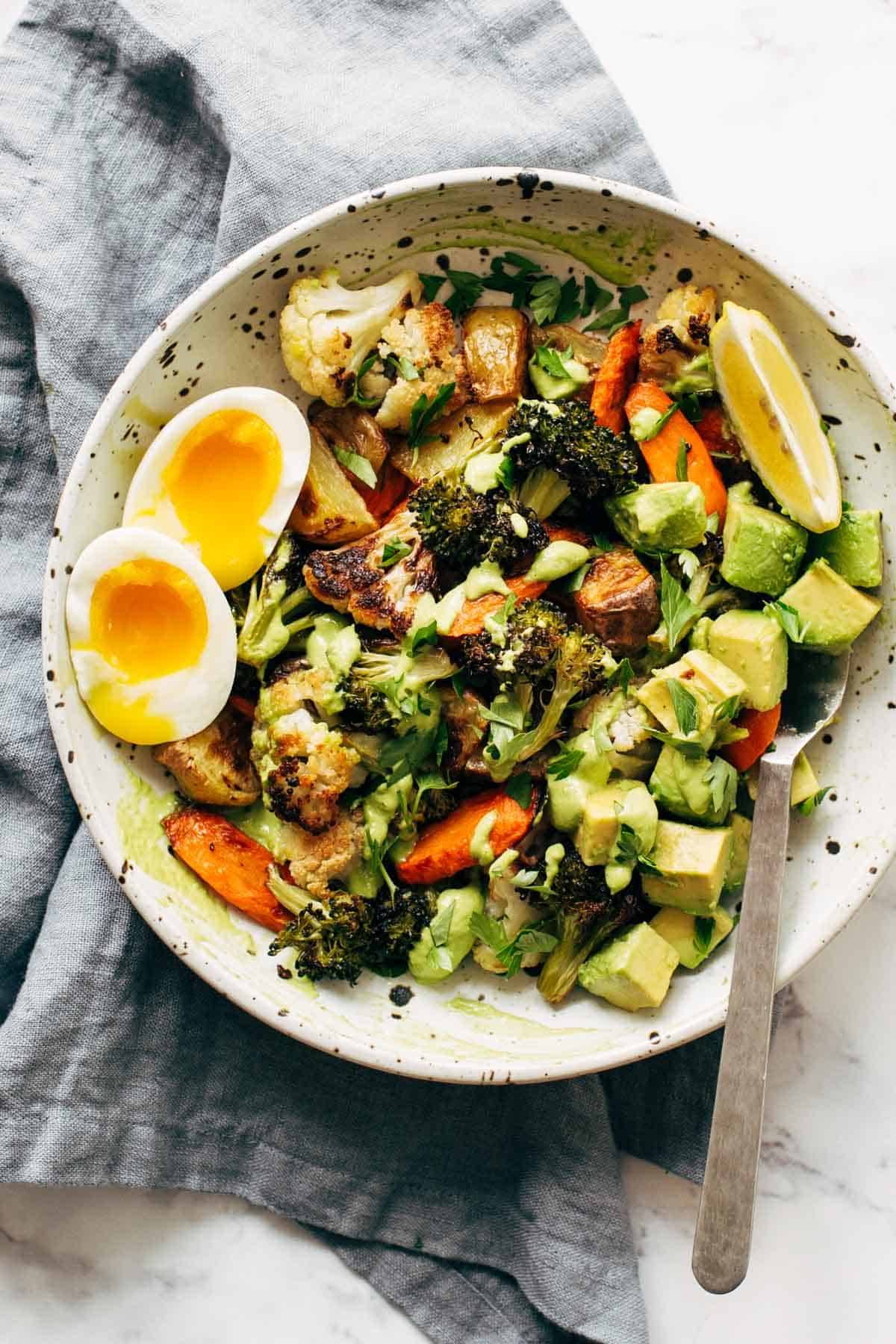 roasted veggie bowl with green goddess dressing Green Goddess Bowl with Roasted Vegetables and Wild Rice