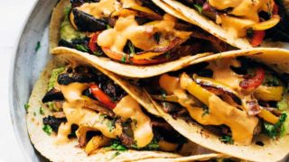 Fajitas with bell peppers, mushrooms, and cashew queso.