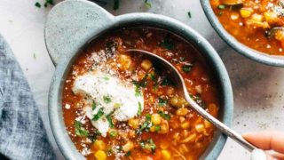 Instant Pot Summer Soup in bowls with Greek yogurt.