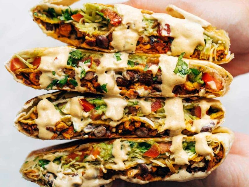 Vegan crunchwrap supreme with cashew queso.