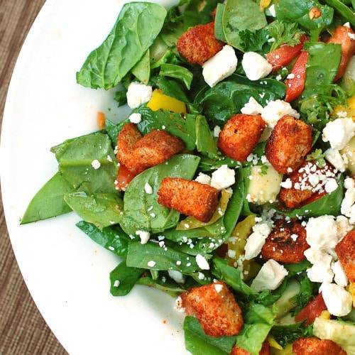 Greek Salad with Paprika Croutons Recipe - Pinch of Yum