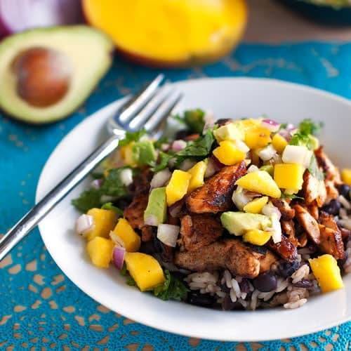A picture of Caribbean Jerk Salmon Bowl with Mango Salsa