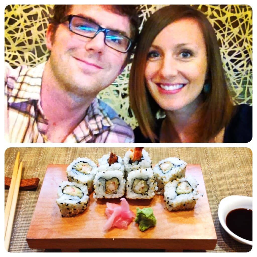 Lindsay and Bjork smiling and a tray of sushi and wasabi.