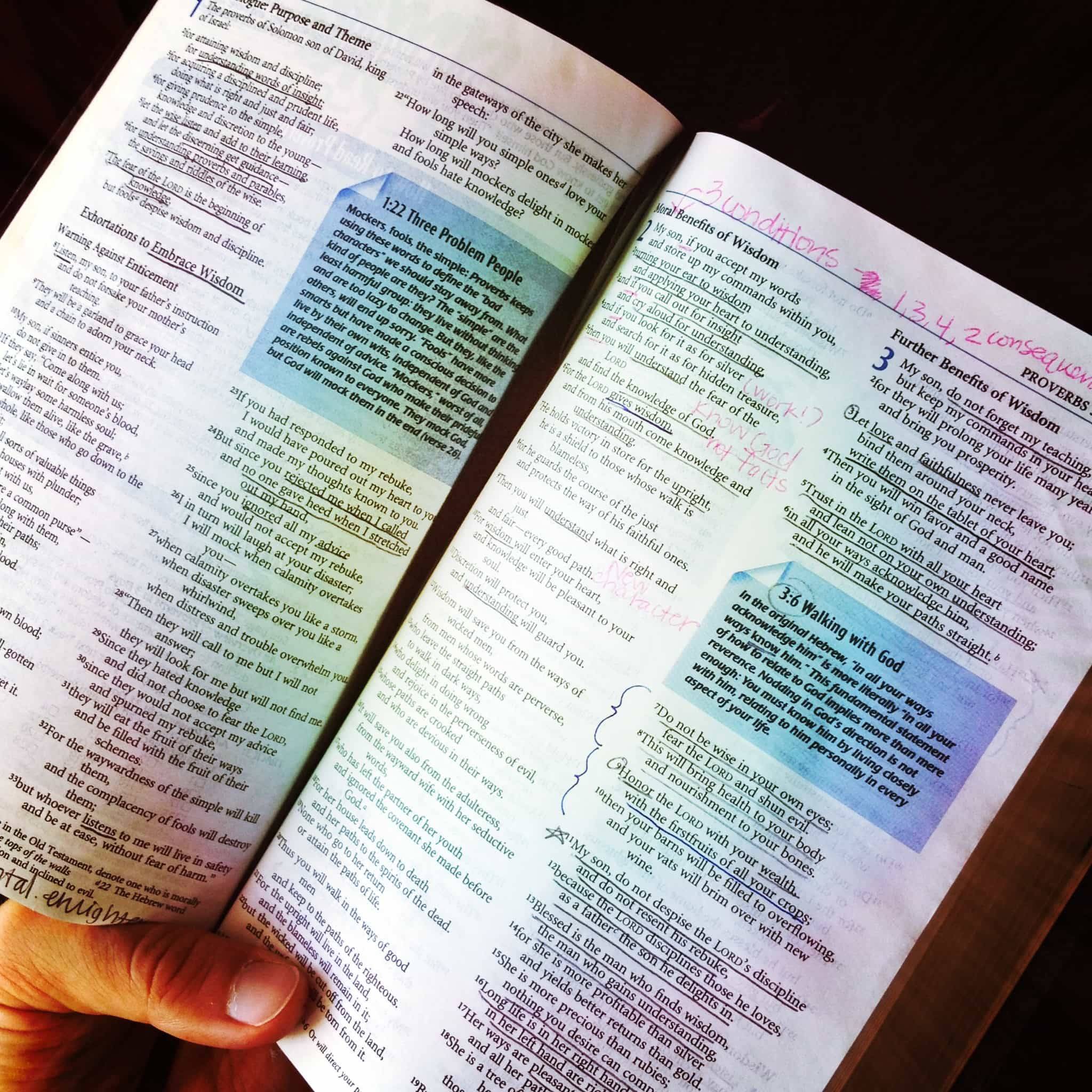 Bible with underlines and highlights.