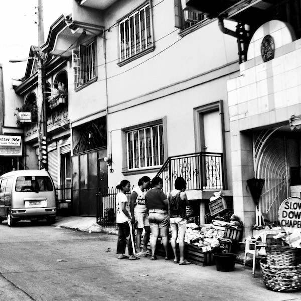 Black and white image of a market.